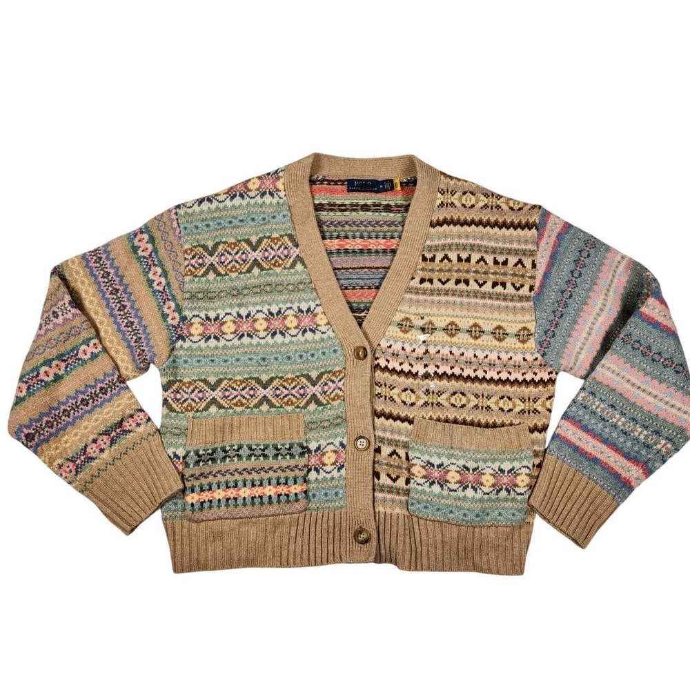 NWT Polo Ralph Lauren Fair Isle V-Neck Wool Cashmere Cardigan Sweater Size M